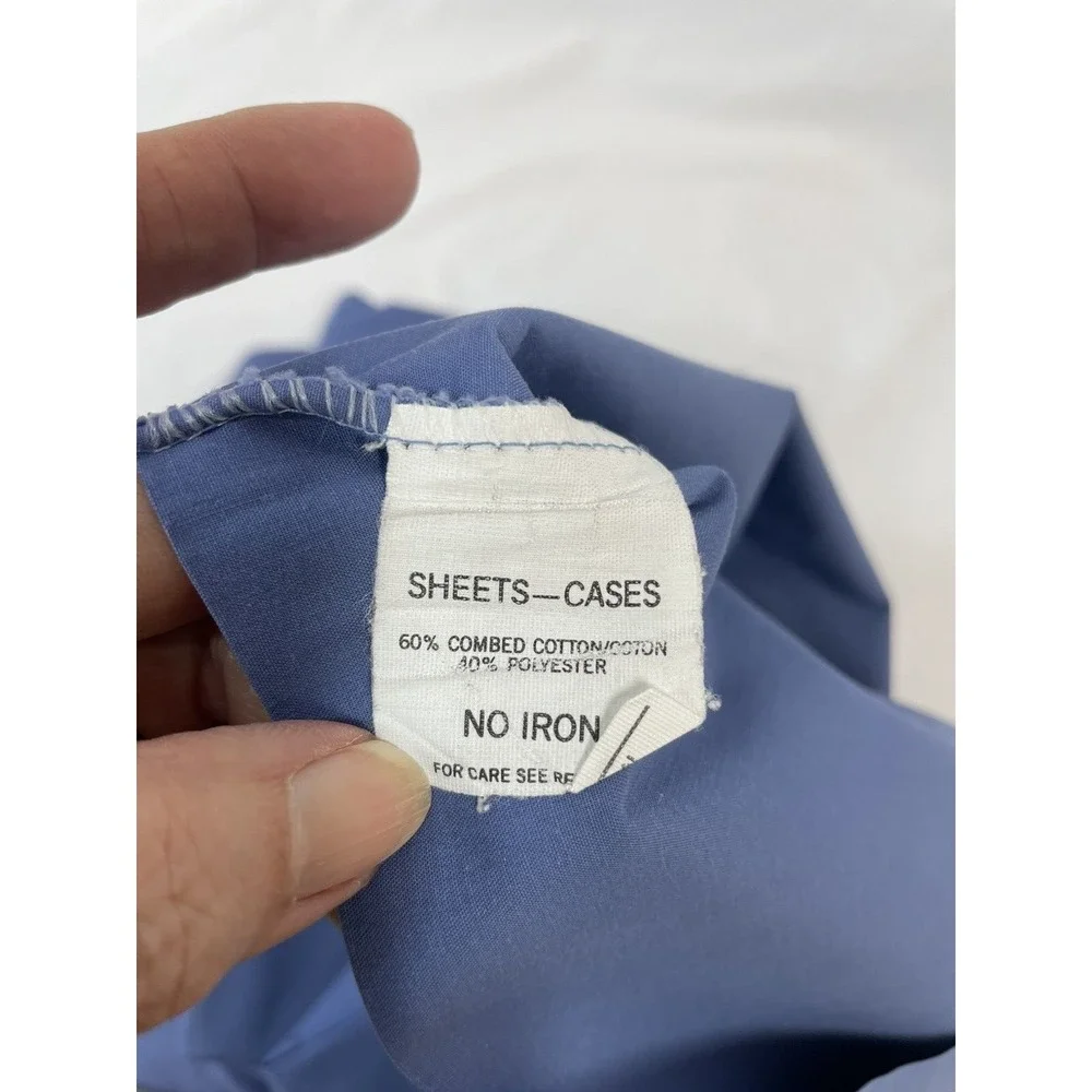 Vintage Solid Blue Twin Sheet‎ Set Satin Trim Fitted, Flat, 2 Pillowcases